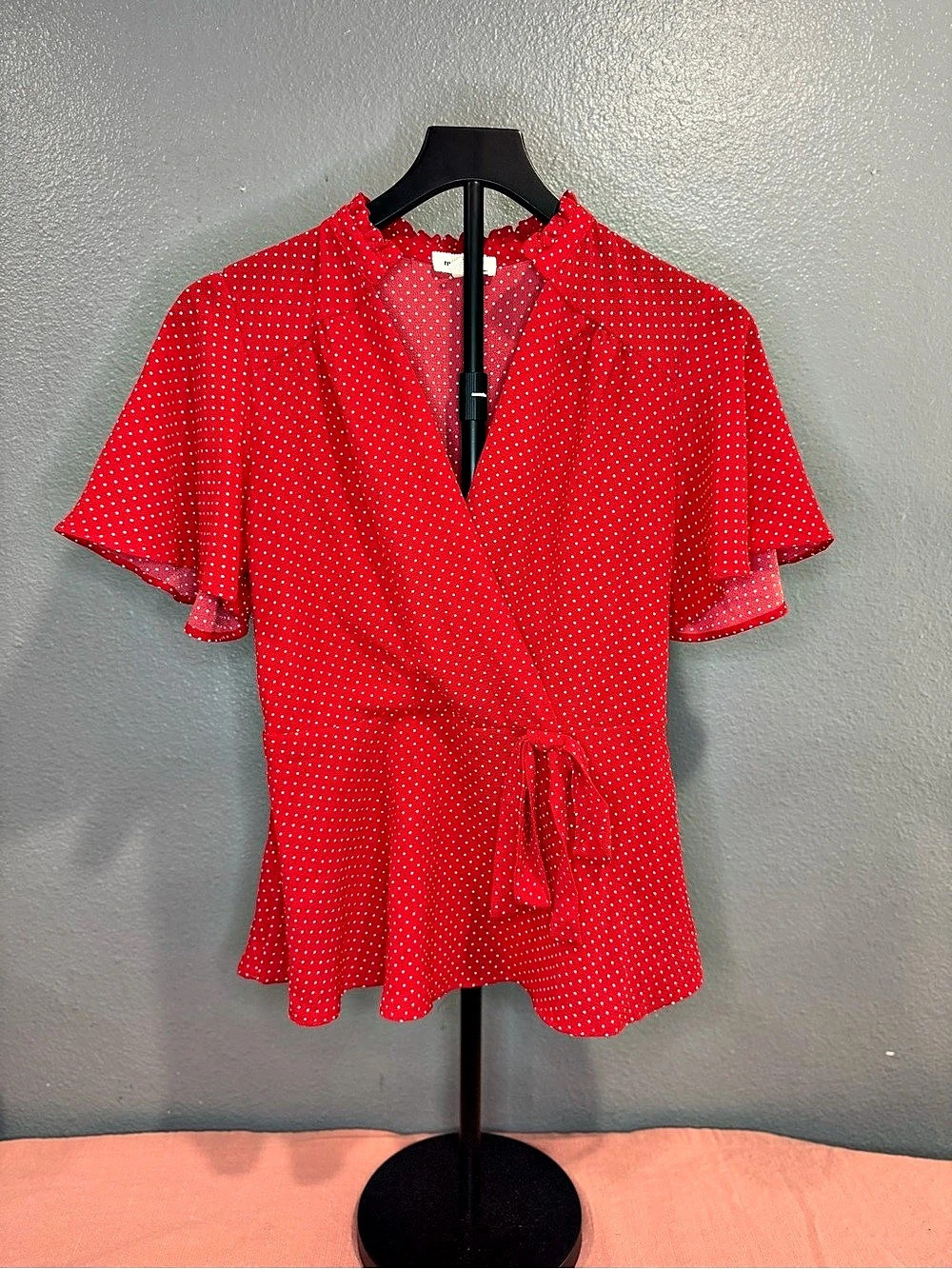 Monteau Red Polka Dot Wrap Peplum Blouse Flutter Sleeve Large - Picture 2 of 5